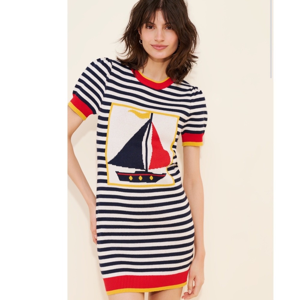 Flat White Nautical Sailboat Striped Knit Mini Dress Navy White Red Small